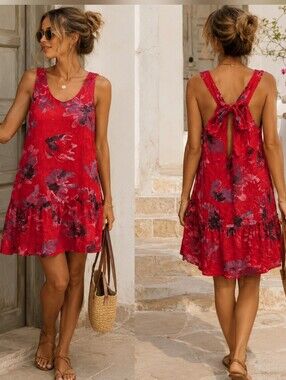 Made in Italy Red Linen Shift Dress M Euro Summer Boho Beach Relaxed Fit